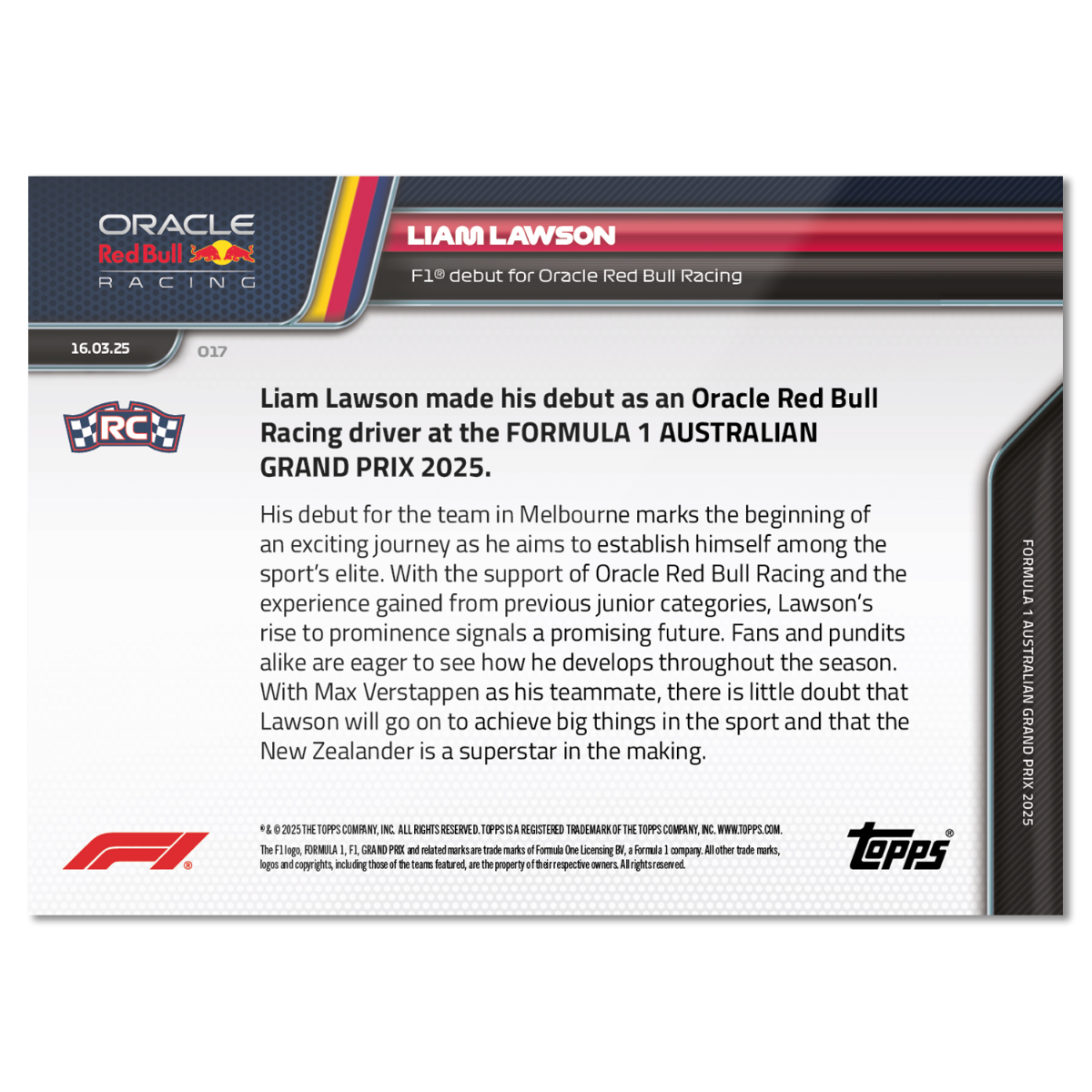 Liam Lawson - 2025 Formula 1 Topps NOW Card 17 - PR: 1195 - Image 2