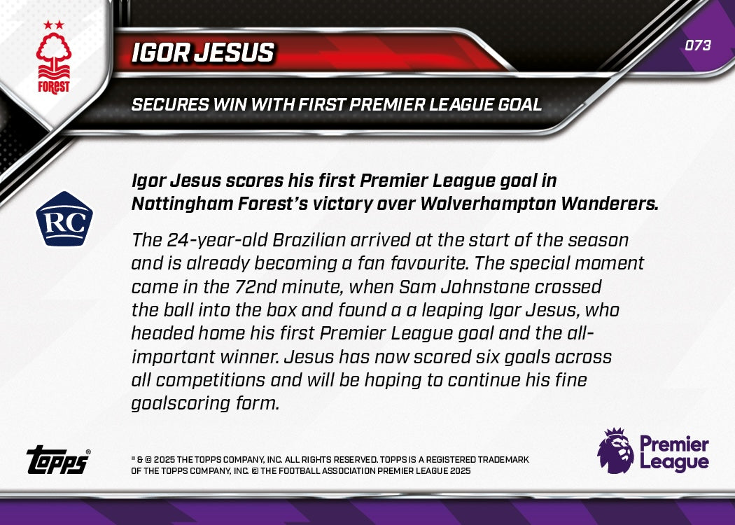 Igor Jesus - 2025-26 Premier League Topps NOW - Card 73 - PR: 423 - Image 7