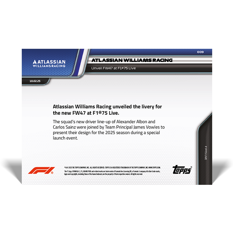 Atlassian Williams Racing - 2025 Formula 1 Topps NOW - Card 9 - PR: 581 - Image 2