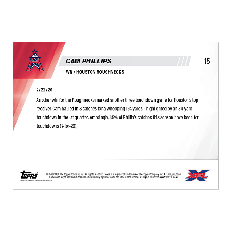 Cam Phillips - XFL TOPPS NOW Card 15 - Print Run: 250 - Image 2