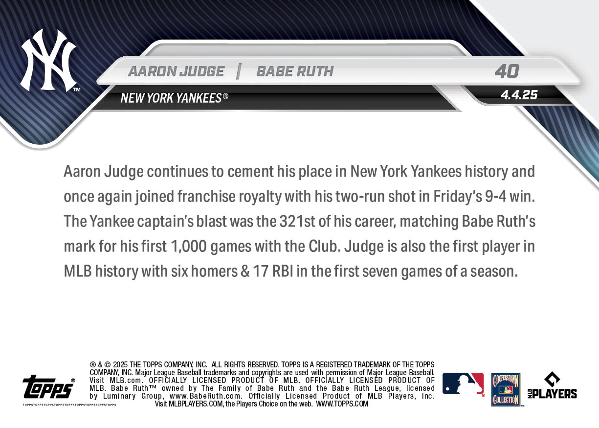 Alternative view of Aaron Judge/Babe Ruth - 2025 MLB Topps NOW - Card 40 - PR: 12,926