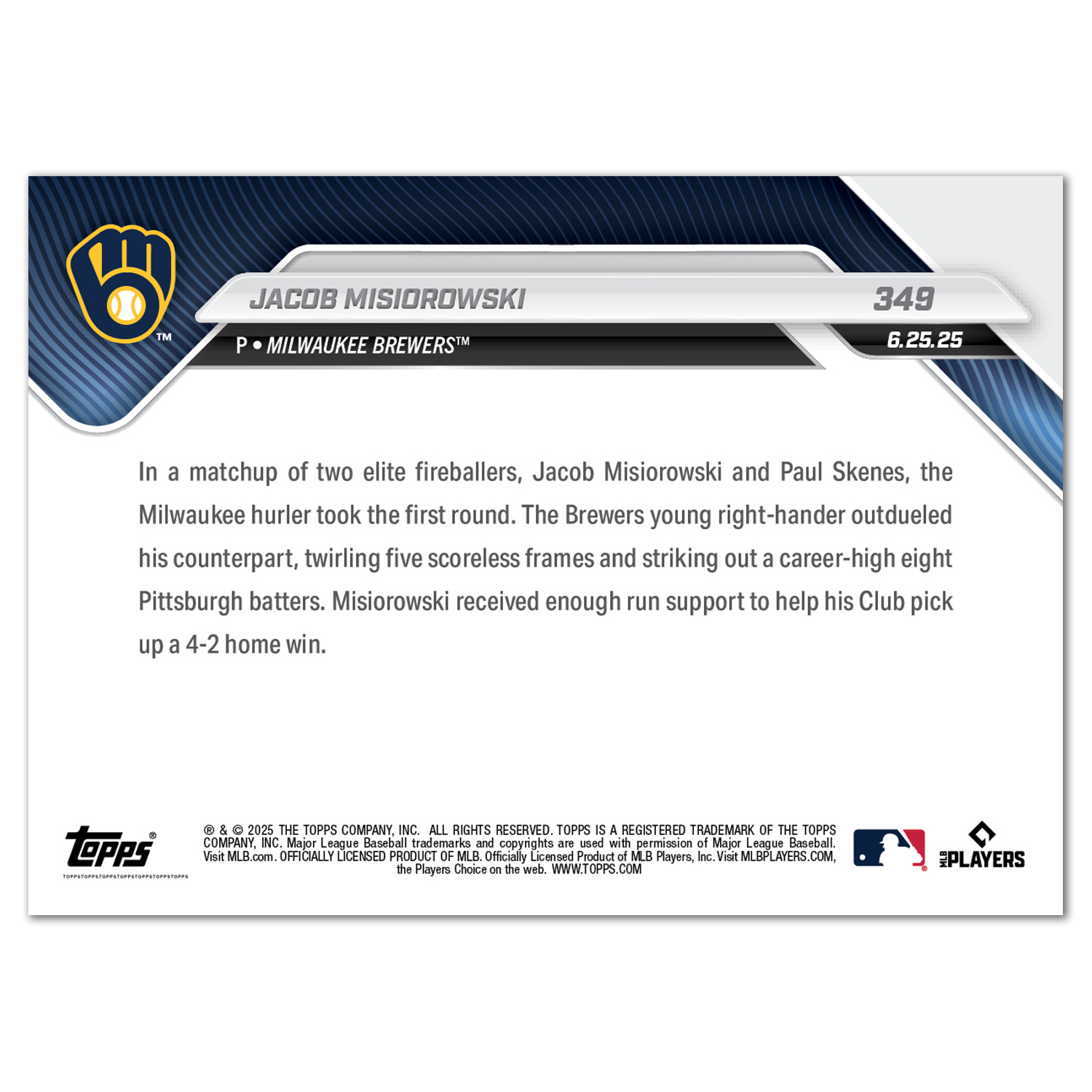 Jacob Misiorowski - 2025 MLB Topps NOW - Card 349 - LOOK FOR RELICS - PR: 8560 - Image 3