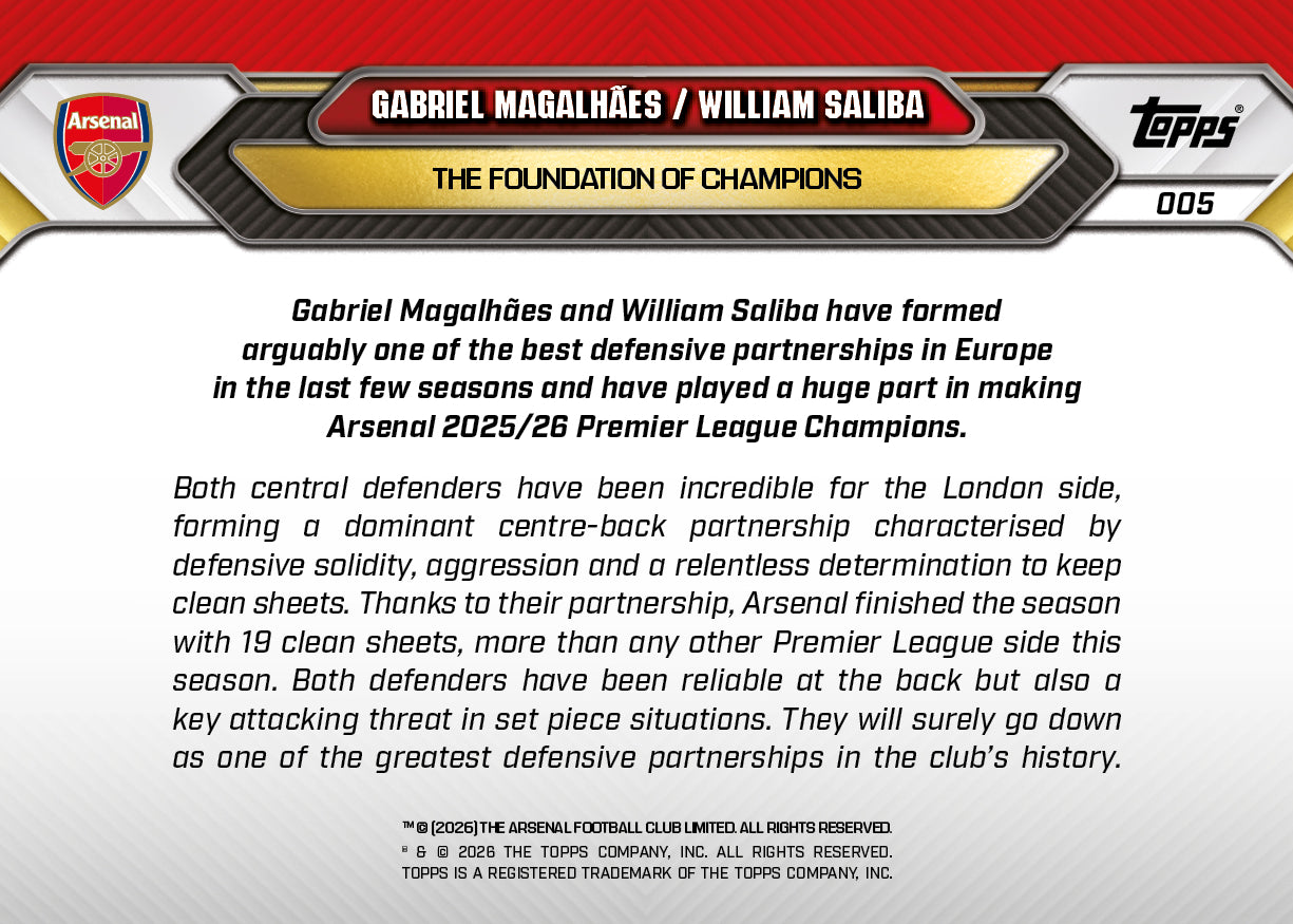 Gabriel Magalhães / William Saliba - 2025-26 Arsenal FC Topps NOW - Card 5 - PR: 5615 - Image 8