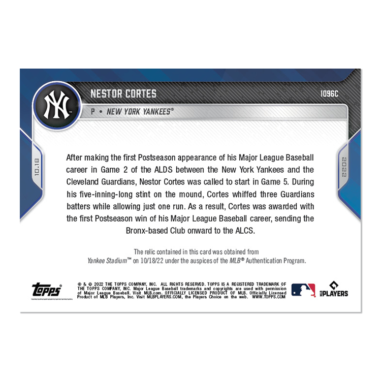Game-used Ball Relic # to 1 - Nestor Cortes - 2022 MLB TOPPS NOW Card 1096C - Image 2