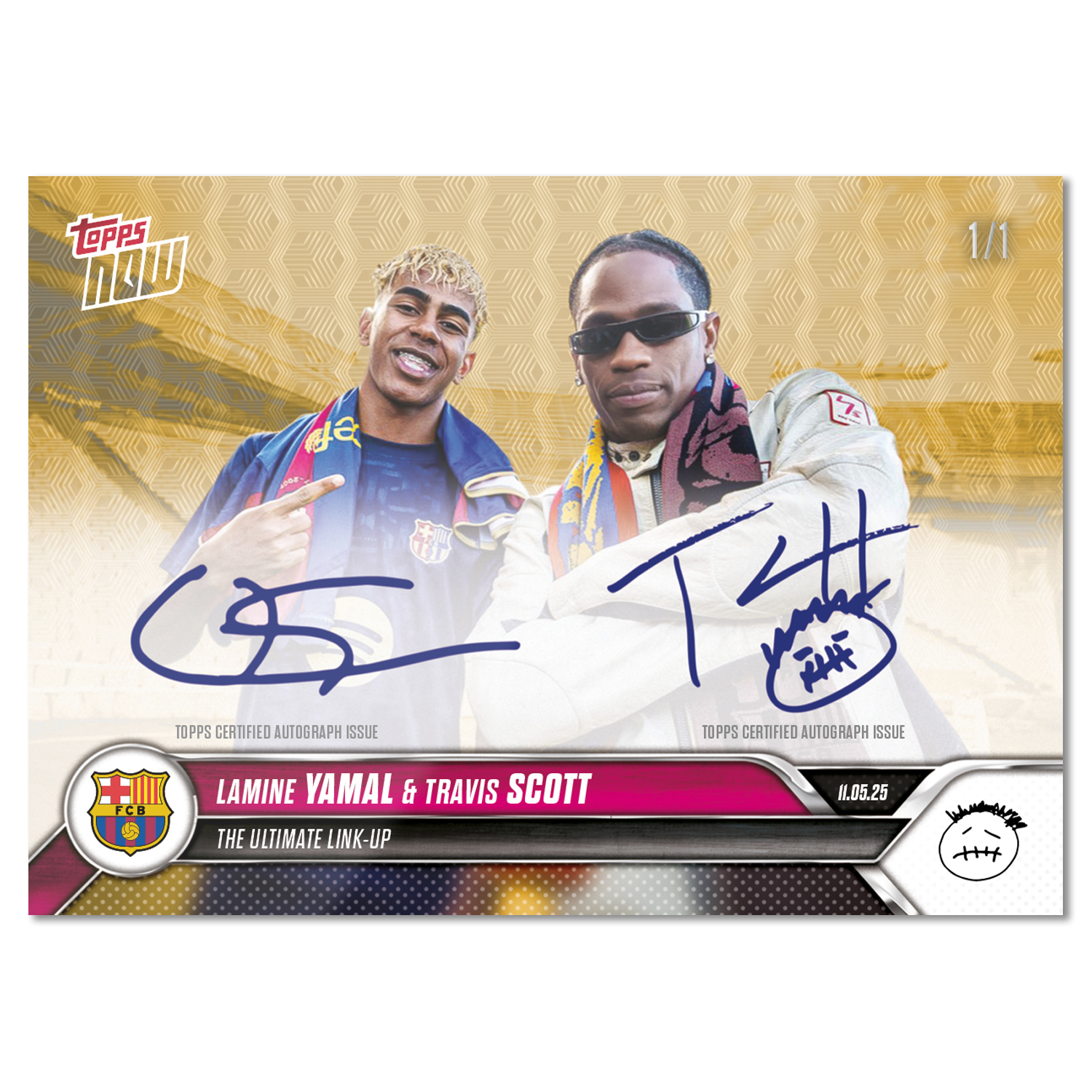 Alternative view of Travis Scott & Lamine Yamal - 2025 FC Barcelona Topps NOW - Card 1 - LOOK FOR DUAL AUTO - PR: 22,483