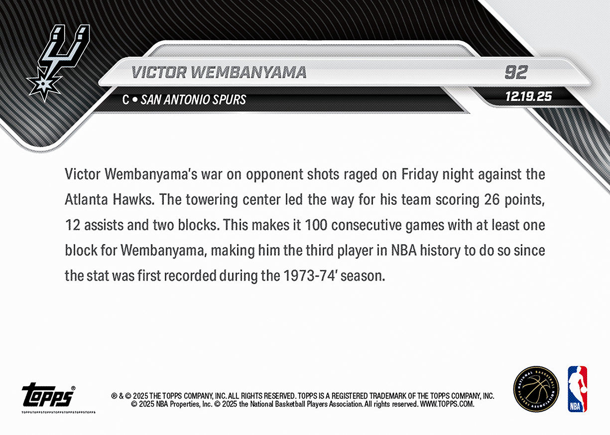 Victor Wembanyama - 2025-26 NBA Topps NOW - Card 92 - PR: 2109 - Image 2