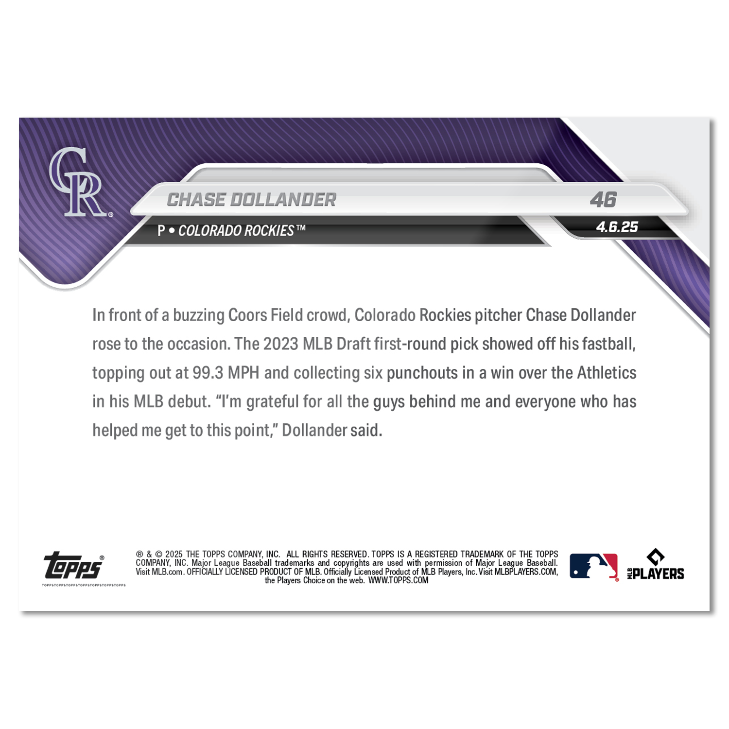 Chase Dollander - 2025 MLB Topps NOW - Card 46 - PR: 1362 - Image 2