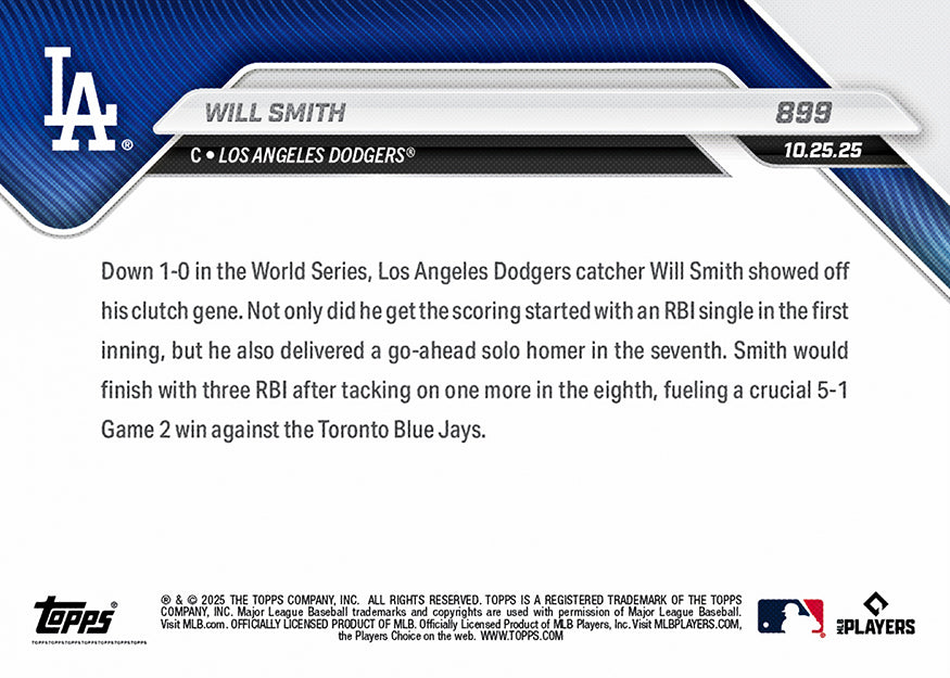 Alternative view of Will Smith - 2025 MLB Topps NOW - Card 899 - PR: 1947