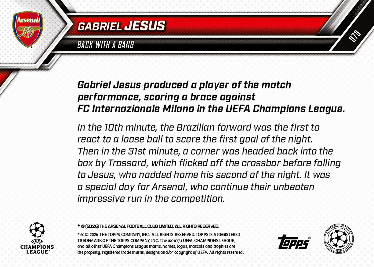 Gabriel Jesus - 2025-26 UCL Topps NOW - Card 73 - PR: 527 - Image 7