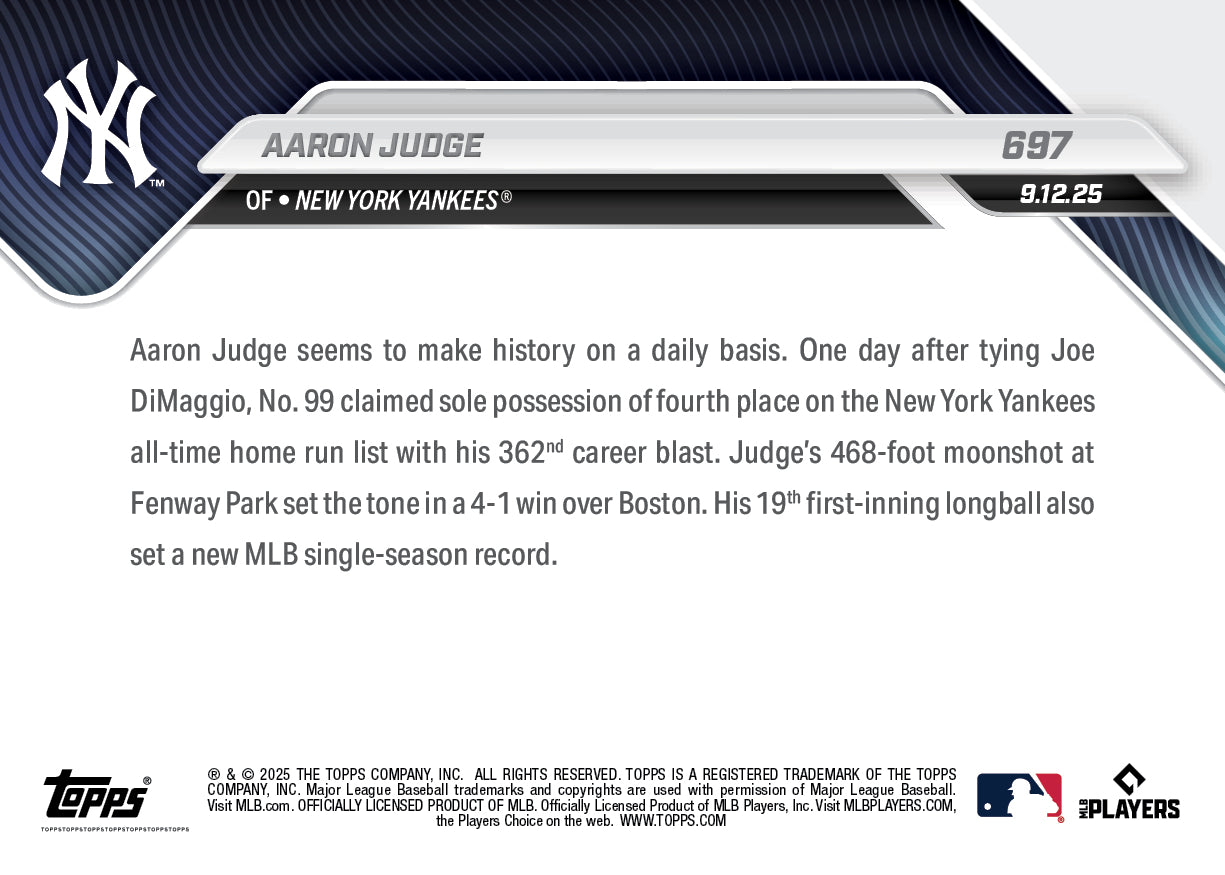 Aaron Judge - 2025 MLB Topps NOW - Card 697 - LOOK FOR RELICS OR AUTO-RELIC - PR: 13765 - Image 3