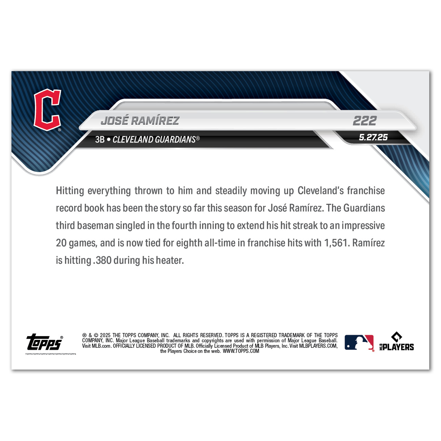 José Ramírez - 2025 MLB Topps NOW - Card 222 - PR: 512 - Image 2