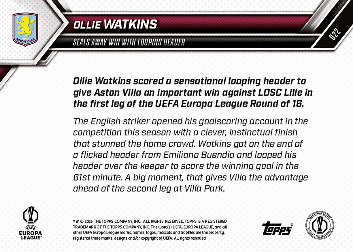 Ollie Watkins - 2025-26 UEL Topps NOW - Card 22 - PR:166 - Image 7