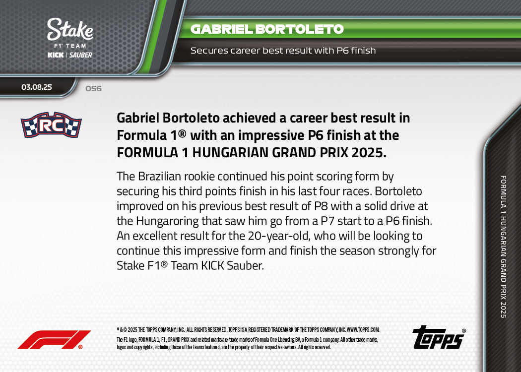 Gabriel Bortoleto - 2025 Formula 1 Topps NOW - Card 56 - PR: 1394 - Image 7
