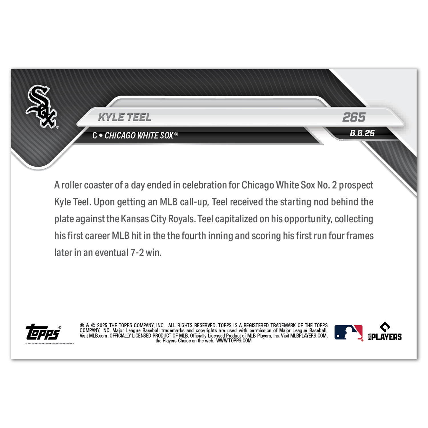 Kyle Teel - 2025 MLB Topps NOW - Card 265 - PR: 1654 - Image 2