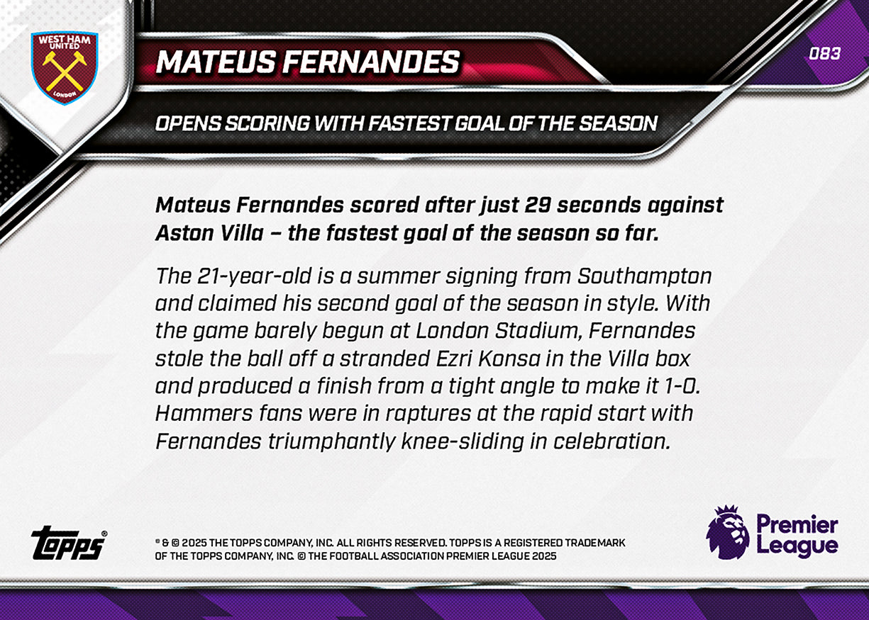 Mateus Fernandes - 2025-26 Premier League Topps NOW - Card 83 - PR: 163 - Image 7