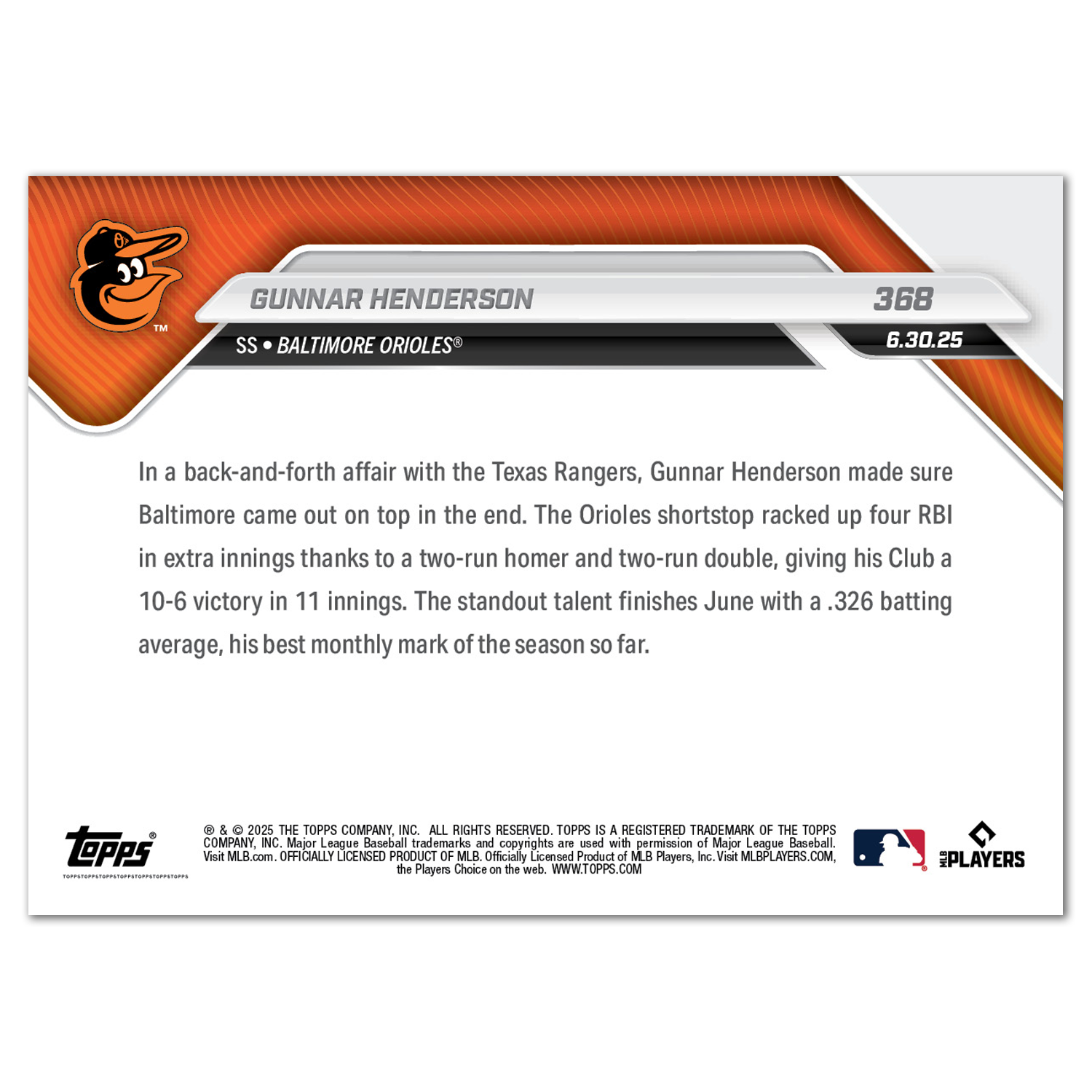 Gunnar Henderson - 2025 MLB Topps NOW - Card 368 - PR: 670 - Image 2