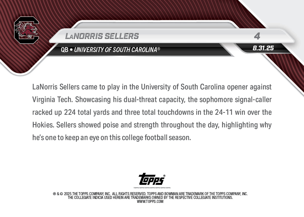 Alternative view of LaNorris Sellers - 2025-26 Bowman U NOW Football - Card 4 - PR: 2438