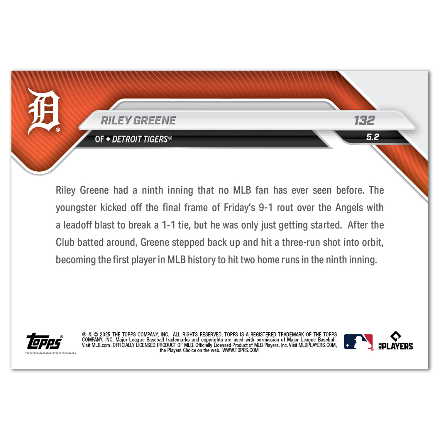 Riley Greene - 2025 MLB Topps NOW - Card 132 - PR: 2879 - Image 2