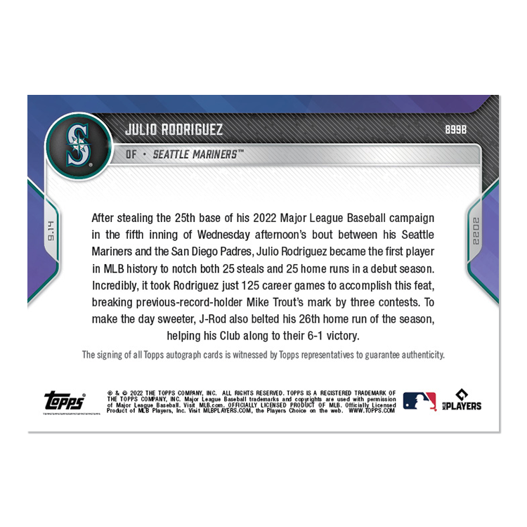 On-Card Auto # to 49 - Julio Rodriguez - 2022 MLB TOPPS NOW Card 899B - Image 2