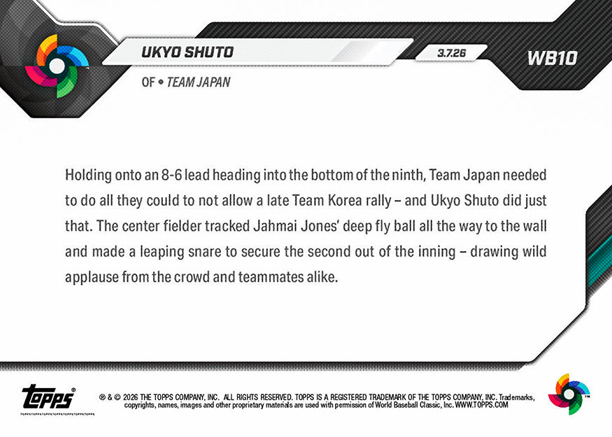 Alternative view of Ukyo Shuto - 2026 World Baseball Classic Topps NOW - Card 10 - PR: 2499