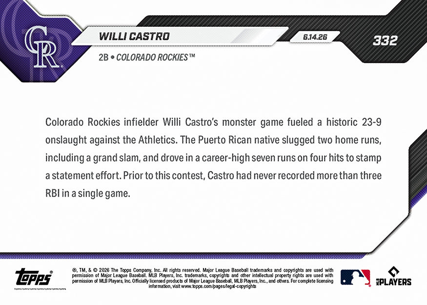 Alternative view of Willi Castro - 2026 MLB Topps NOW - Card 332 - PR: 304