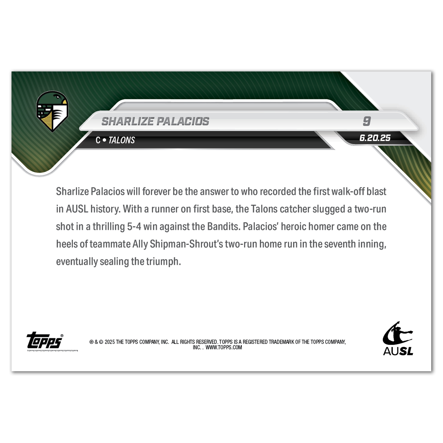 Sharlize Palacios - 2025 AUSL Topps NOW - Card 9 - PR: 629 - Image 2
