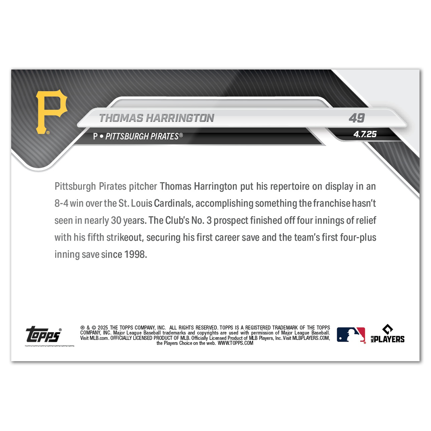 Thomas Harrington - 2025 MLB Topps NOW - Card 49 - PR: 620 - Image 2