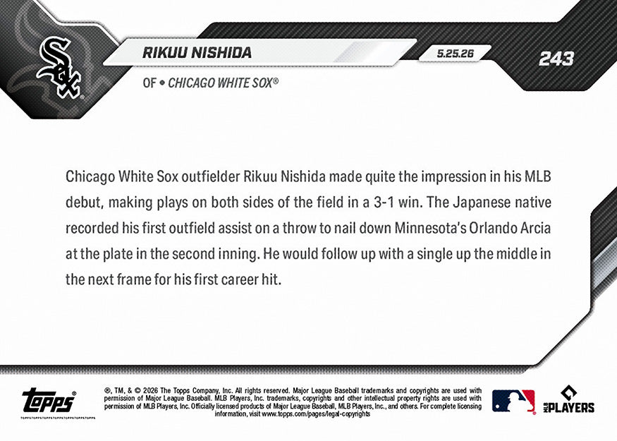 Rikuu Nishida - 2026 MLB Topps NOW - Card 243 - PR: 5064 - Image 2
