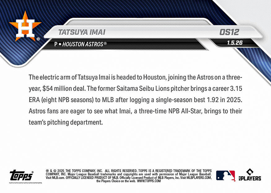Tatsuya Imai - 2025 MLB Topps NOW - Card OS-12 - PR: 7300 - Image 3