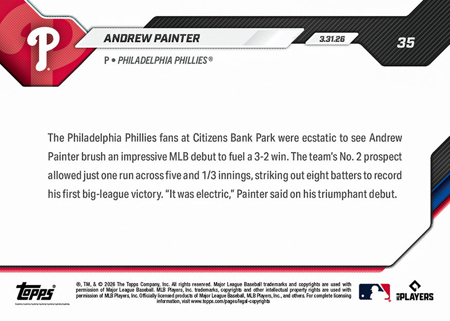 Andrew Painter - 2026 MLB Topps NOW - Card 35 - PR: 5528 - Image 2