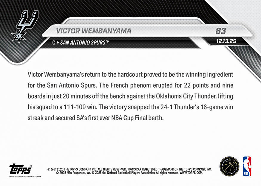 Victor Wembanyama - 2025-26 NBA Topps NOW - Card 83 - PR: 2560 - Image 2