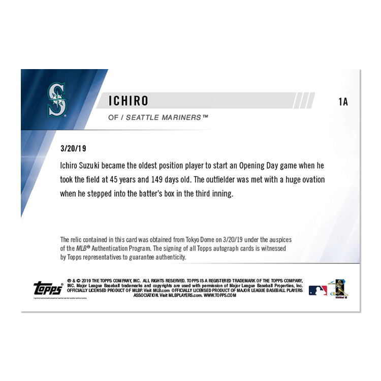 On-Card Auto Relic # to 99 - Ichiro - MLB TOPPS NOW Card 1A - Image 2