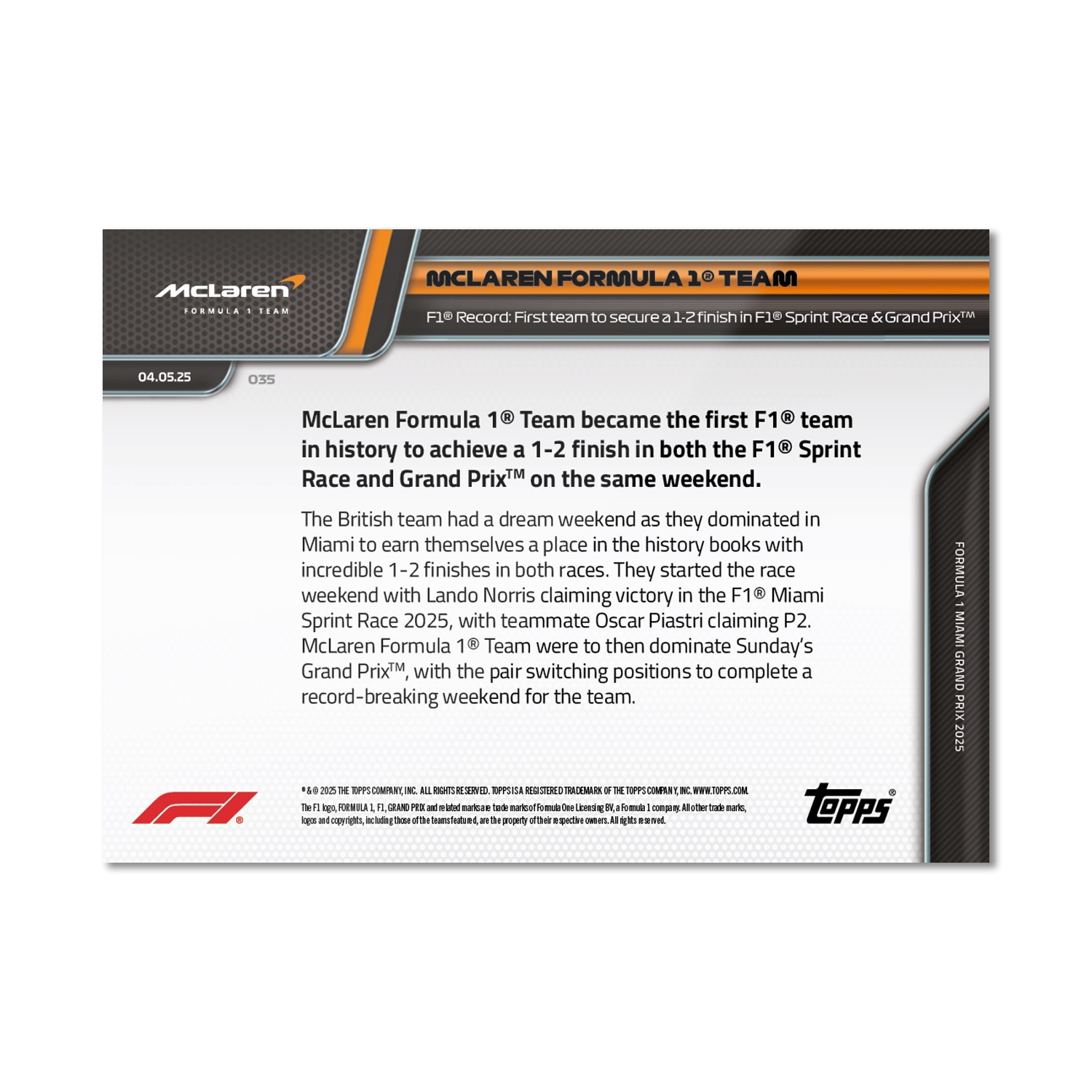 McLaren Formula 1 Team - 2025 Formula 1 Topps NOW - Card 35 - PR: 1522 - Image 7