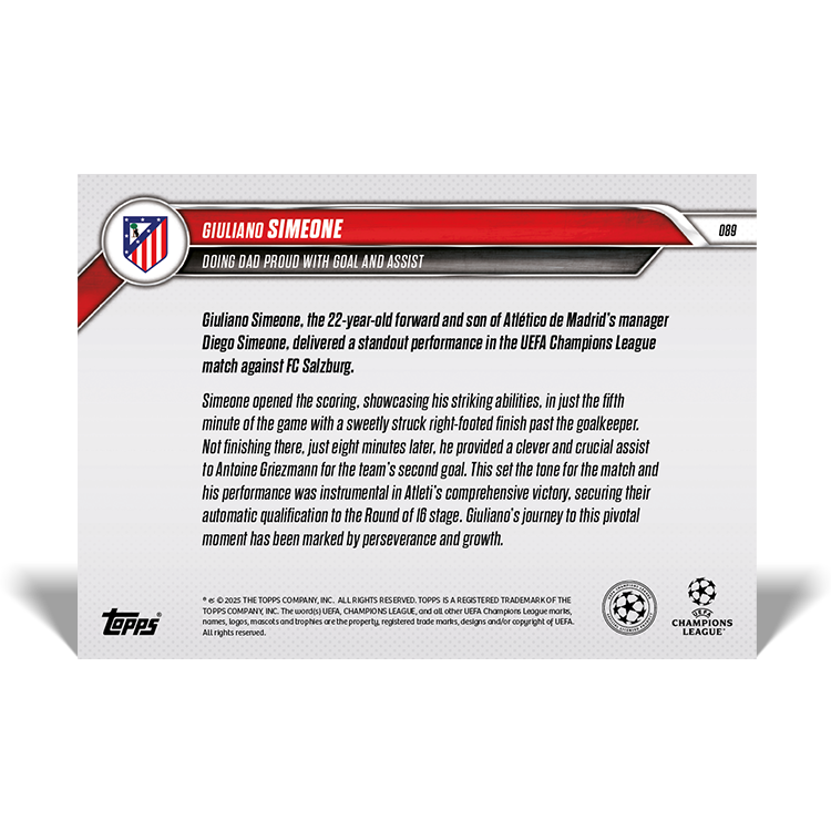 Giuliano Simeone - Doing Dad proud with goal and assist - 24/25 UCL Topps NOW Card 89 - PR: 237 - Image 2