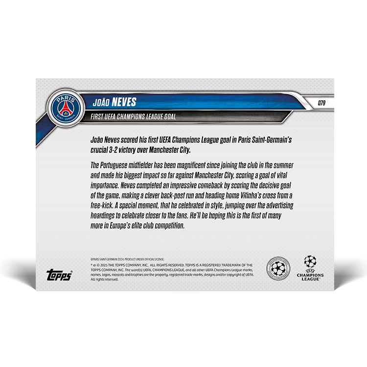 João Neves - First UEFA Champions League goal - 24/25 UCL Topps NOW Card 79 - PR: 128 - Image 5