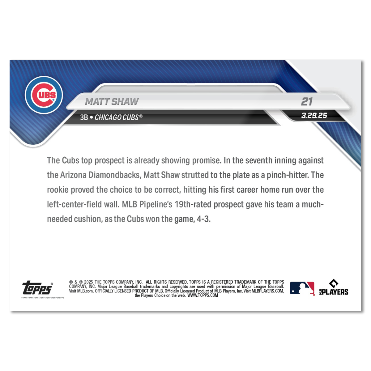 Matt Shaw - 2025 MLB Topps NOW - Card 21 - PR: 2066 - Image 2