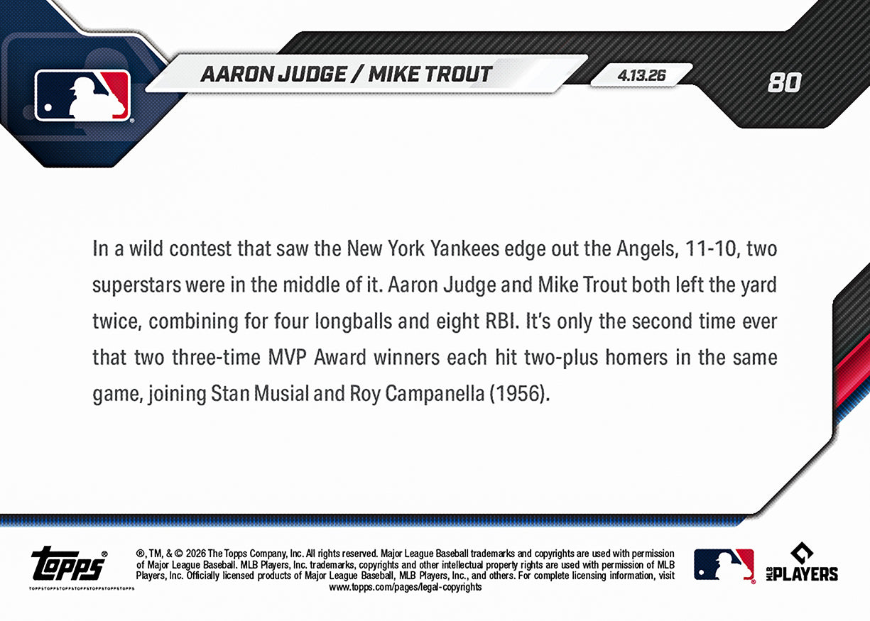 Alternative view of Aaron Judge / Mike Trout - 2026 MLB Topps NOW - Card 80 - PR: 5592