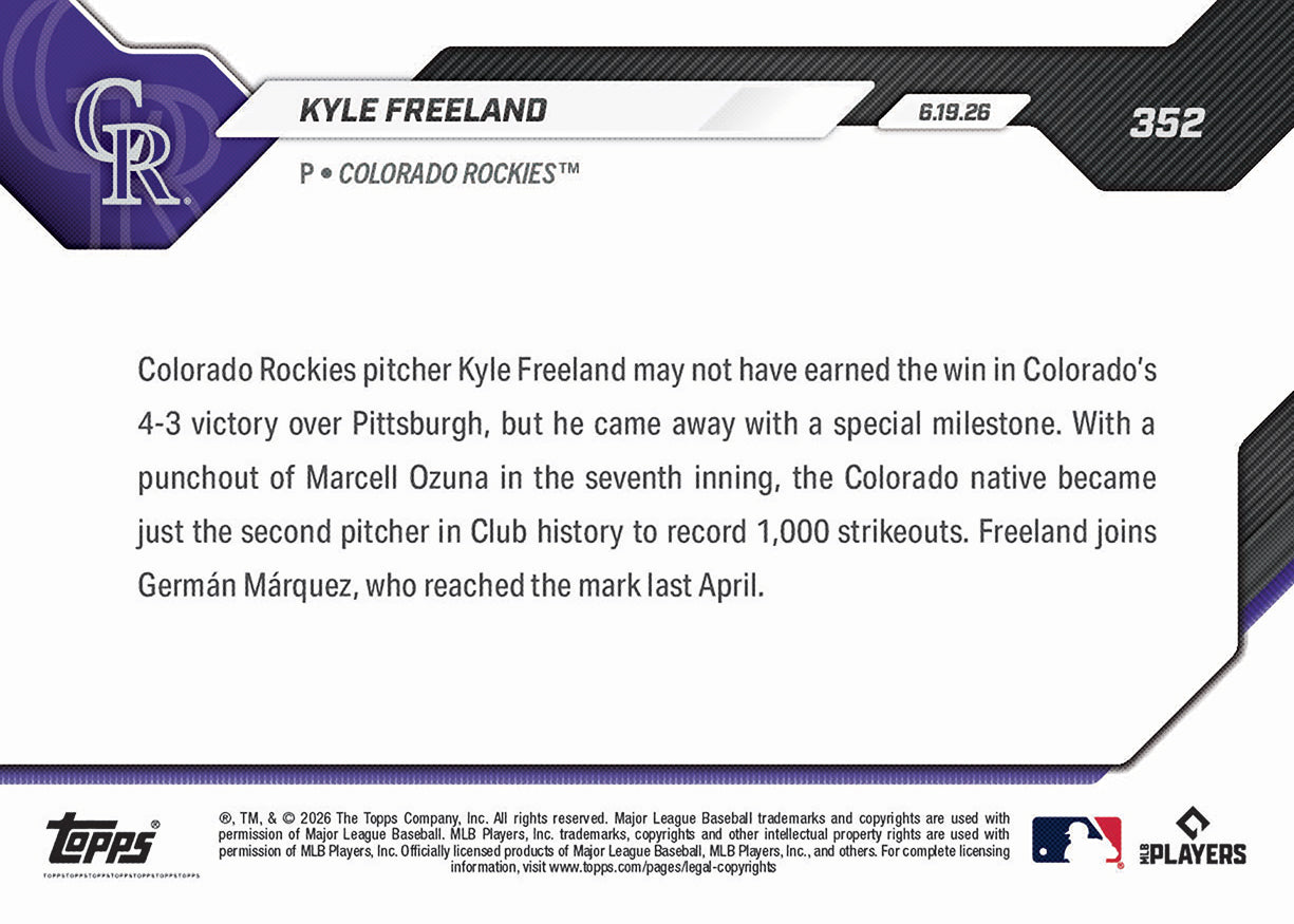 Kyle Freeland - 2026 MLB Topps NOW - Card 352 - PR: 315 - Image 2