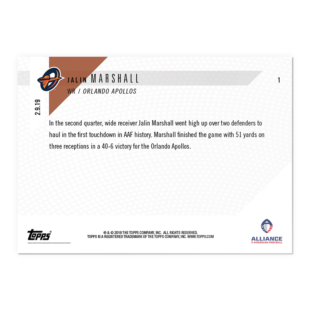 Alternative view of Jalin Marshall - AAF TOPPS NOW Card 1 - Print Run: 614