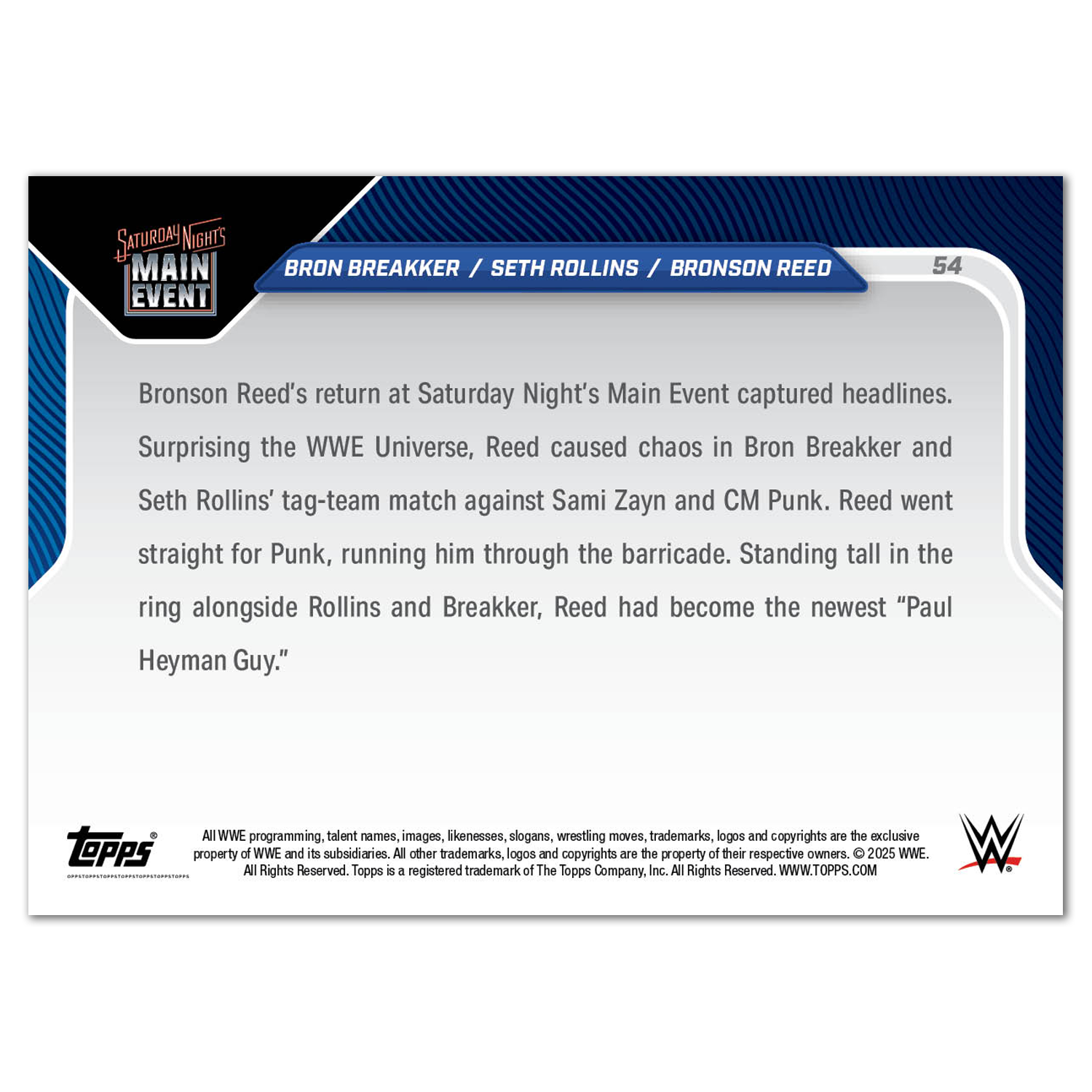 Bron Breakker/Seth Rollins/Bronson Reed - 2025 WWE Topps NOW - Card 54 - PR: 767 - Image 2