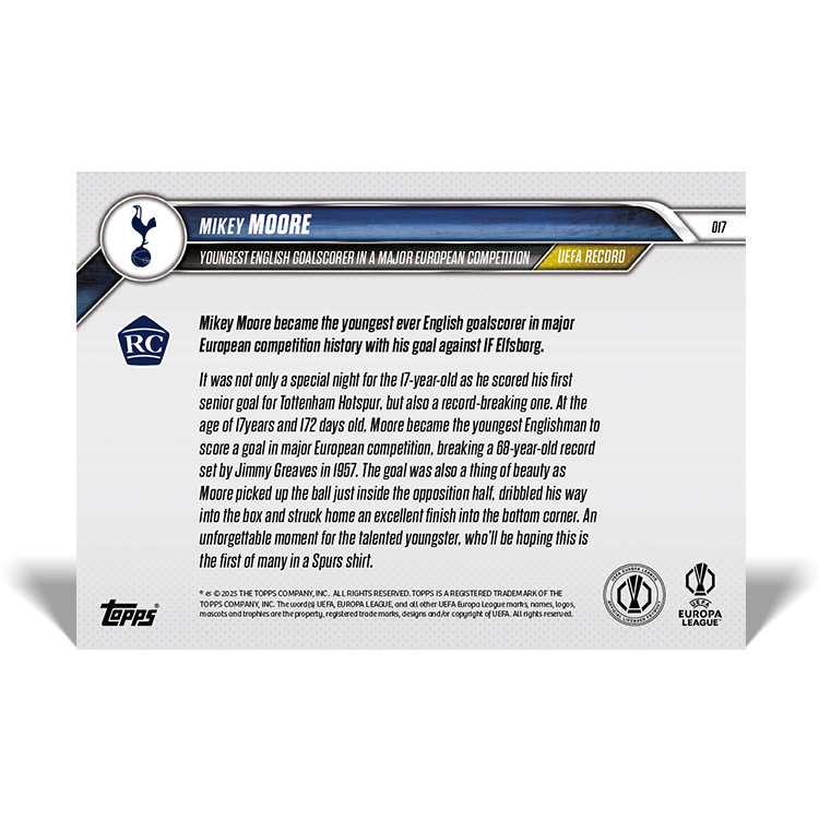 Mikey Moore - UEFA Record: Youngest English goalscorer in major European competition - 24/25 UEL TOPPS NOW Card 17 - PR: 736 - Image 2