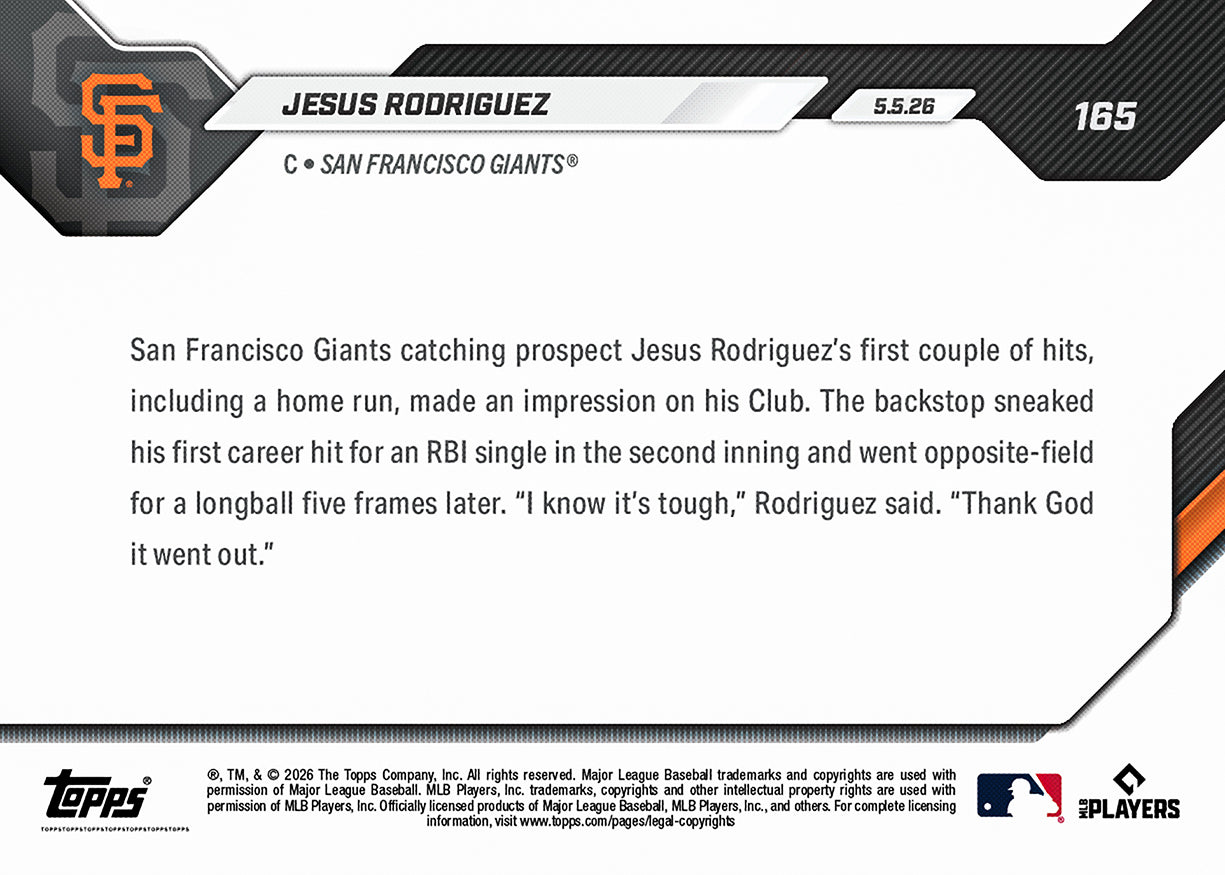 Jesus Rodriguez - 2026 MLB Topps NOW - Card 165 - PR: 856 - Image 2