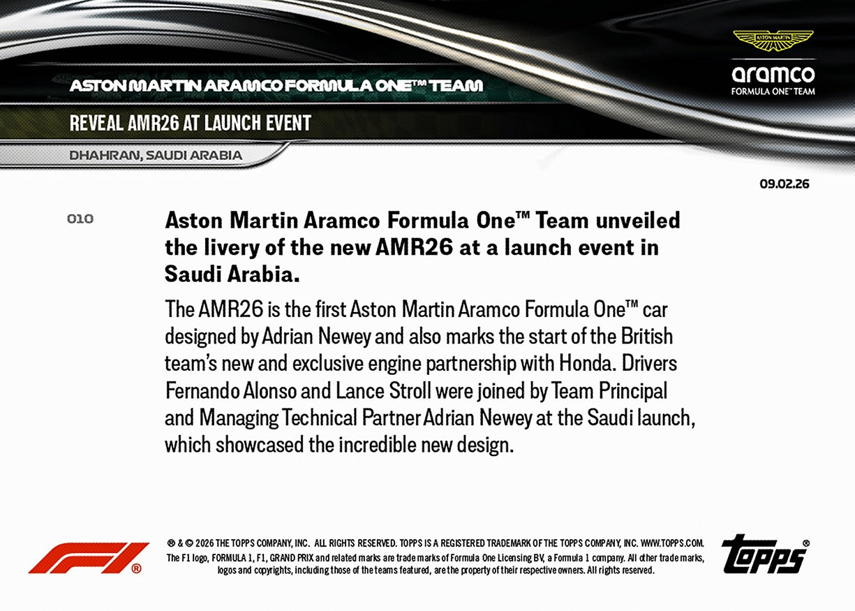 Aston Martin Aramco Formula One™ Team - 2026 Formula 1 Topps NOW - Card 10 - PR: 1482 - Image 8