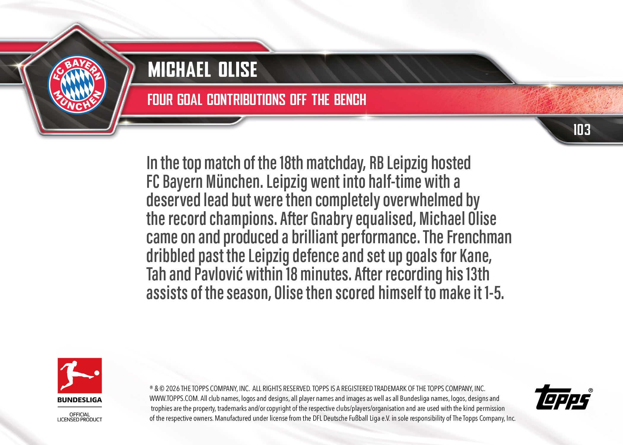 Michael Olise - 2025-26 Bundesliga Topps NOW - Card 103 - PR: 609 - Image 7