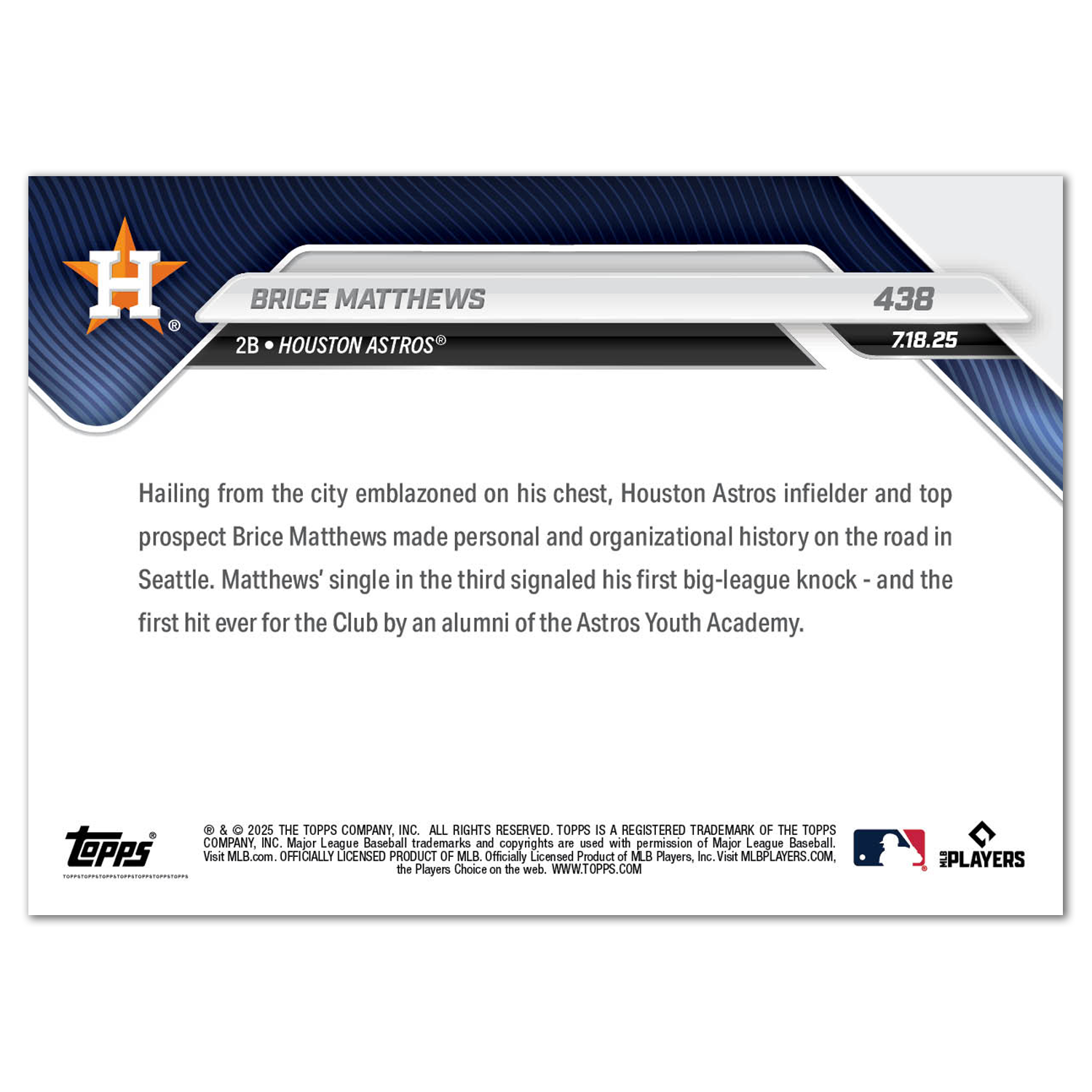 Brice Matthews - 2025 MLB Topps NOW - Card 438 - PR: 848 - Image 2