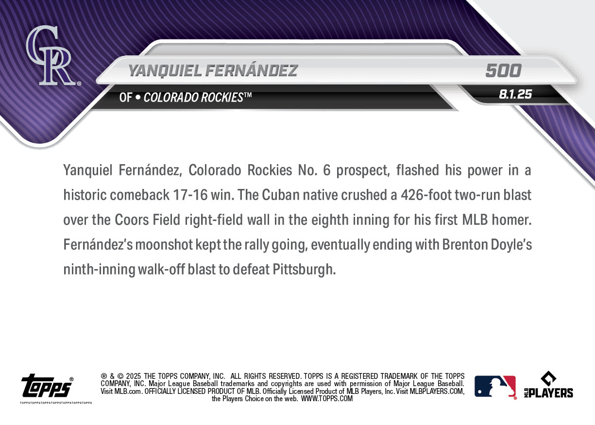 Alternative view of Yanquiel Fernández - 2025 MLB Topps NOW - Card 500 - PR: 640