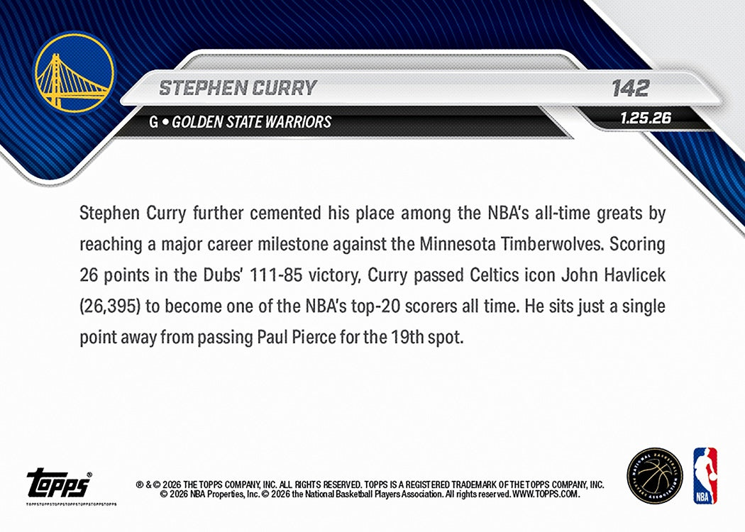 Stephen Curry - 2025-26 NBA Topps NOW - Card 142 - PR: 2998 - Image 2