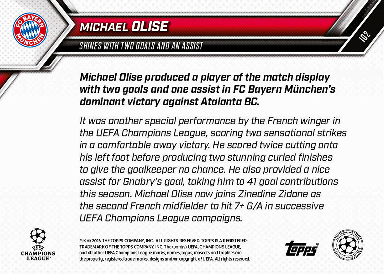Michael Olise - 2025-26 UCL Topps NOW - Card 102 - PR: 639 - Image 7