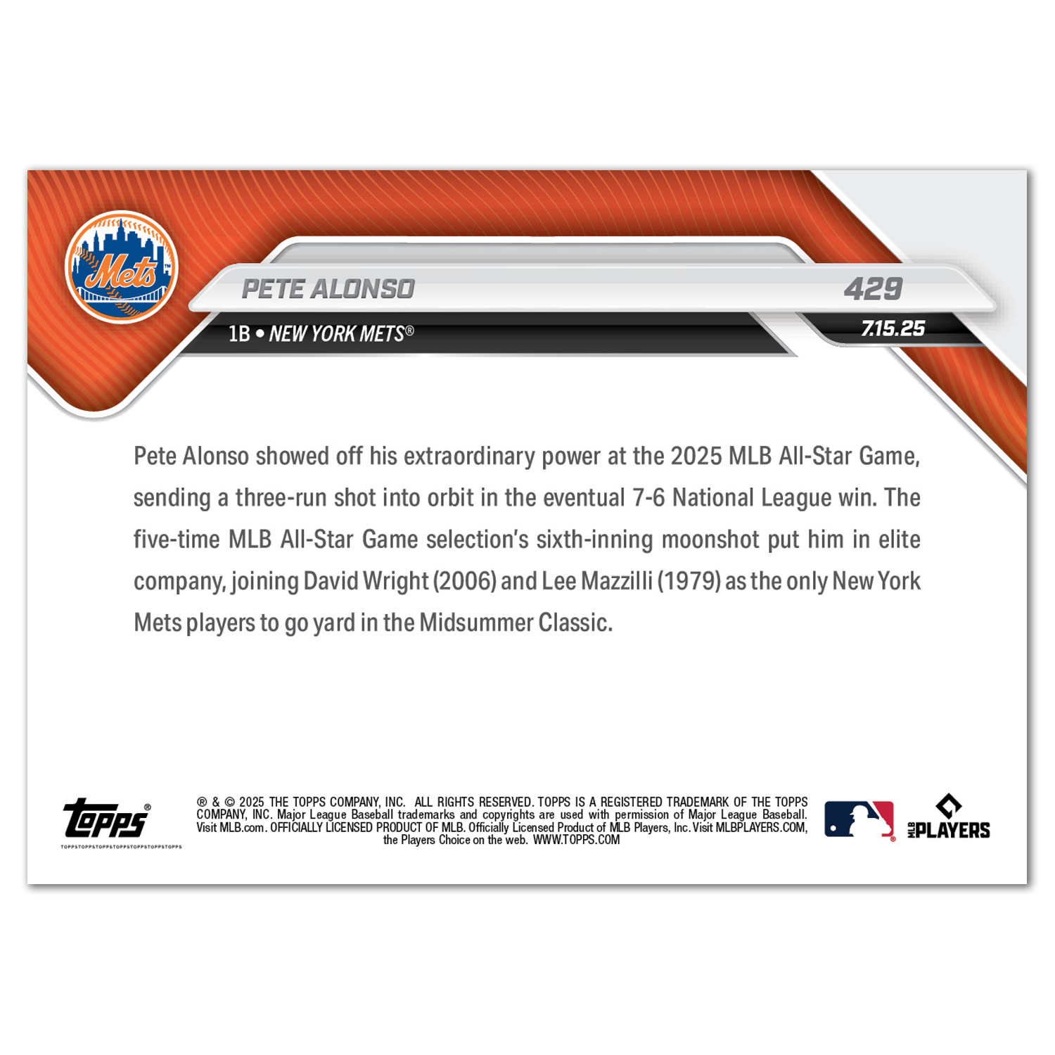 Pete Alonso - 2025 MLB Topps NOW - Card 429 - PR: 1169 - Image 2
