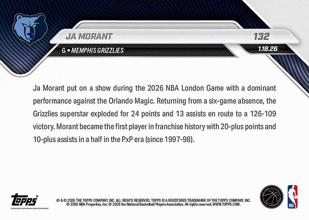 Ja Morant - 2025-26 NBA Topps NOW - Card 132 - PR: 543 - Image 2